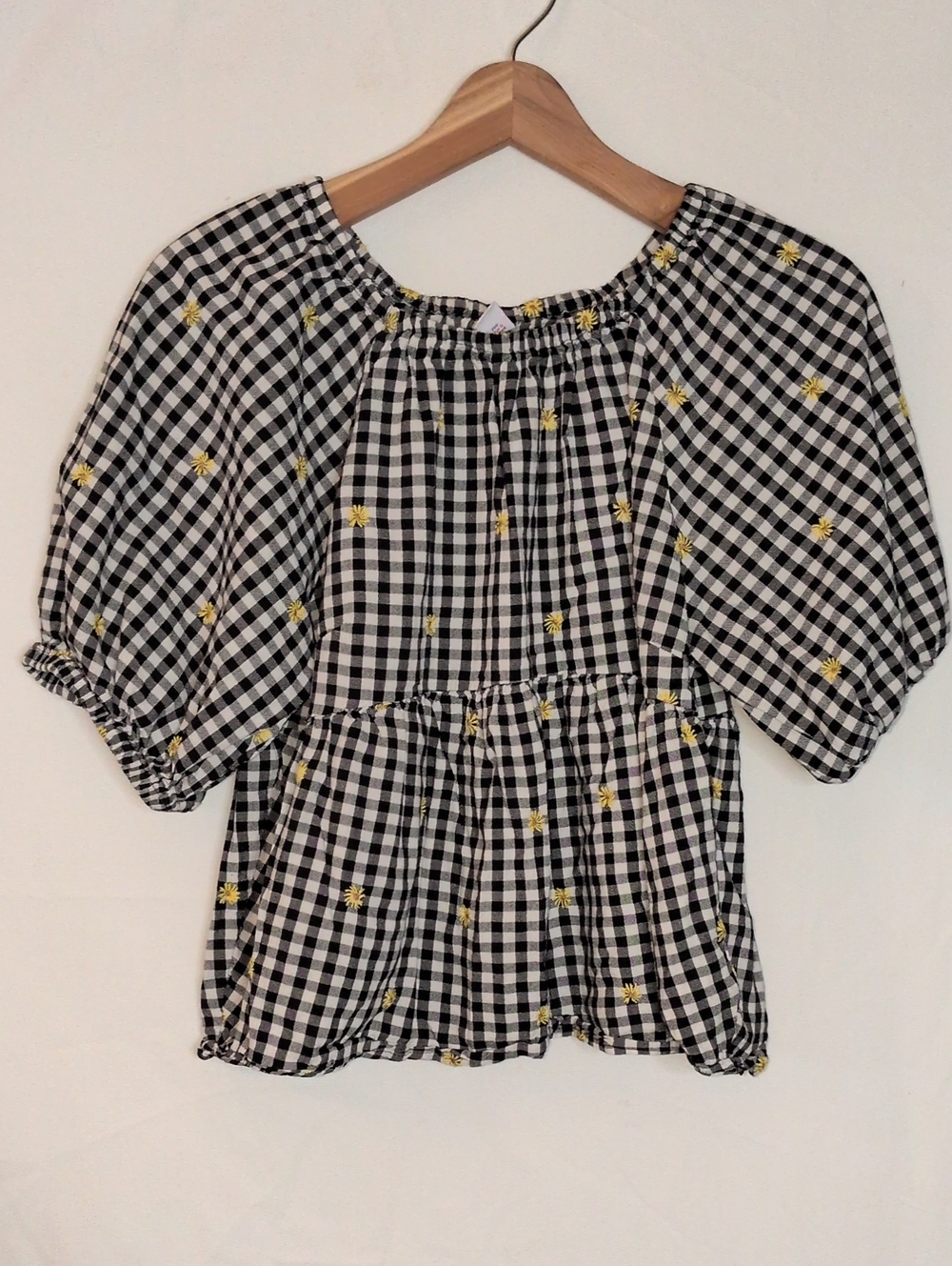 Old Navy Black & White Gingham Puff-Sleeve Top with Yellow Floral Embroidery